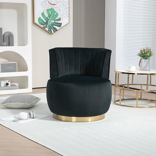 SLEERWAY 360° Swivel Barrel Chair, Modern Velvet Round Accent Chair, Comfy Upholstered Small Armchair with Gold Metal Base for Living Room Bedroom Nursery Office Sillas para Sala, Black - color: Black