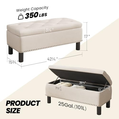 Large Storage Ottoman, Beige, Wood Frame, Linen Fabric, 285 Lbs Capacity - color: Beige