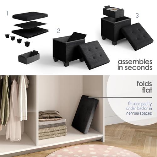 Storage Ottoman Cube with Small Bin, 15-in Square Ottoman with Storage for Living Room and Bedroom, Small Ottomans Foot Rest, Fabric Foot Stools Ottomans Max 330lbs, Black - color: 04 - Black