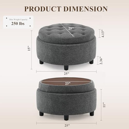 COLAMY Round Hidden Storage Ottoman with Reversible Tray Lid – Multi-Functional Footrest, Sturdy & Stylish Fabric Coffee Table for Living Room, Bedroom, or Entryway, Dark Grey - color: Dark Grey