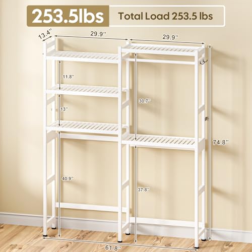 Cozivolife Over The Washer Dryer Storage Shelf: Bamboo 5 Tiers (White) | Laundry Room Drying Rack with Adjustable Shelves and 4 Hooks - Space Saver Organizer for Hanging Clothes and Towels - color: White