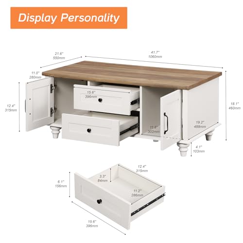 WAMPAT Modern Coffee Table with Storage Cabinet, White Coffee Tables for Living Room, Wood Rectangle Center Table with Drawer, Rustic Tea Table for Home, Off White - color: White