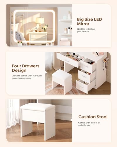 LIVELYGLOW White Makeup Vanity Desk with Charging Station & 4 Drawers | Smart LED Mirror, Cushioned-Stool, Hairdryer Rack - color: Ivory White