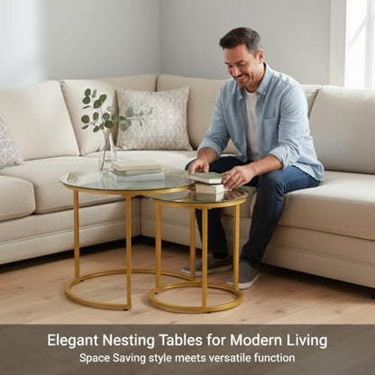 Round Nesting Coffee Table Set of 2, Glass Stacking Minimalist End Table | Modern Marble Pattern Wooden Nesting Tables for Living Room Bedroom Small Space, Clear Tempered Glass and Gold Leg - color: Glass & Gold