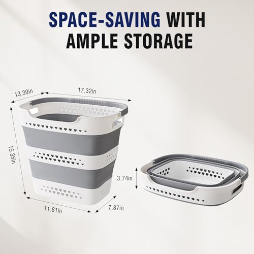 Collapsible Plastic Laundry Basket Hamper with Handles for Clothes Storage | Large, 42L, Portable Rubber, Pop Up, Breathable Design, Lightweight, for Home, Washing Room, Bathroom, Dorm - color: Grey, size: 42L