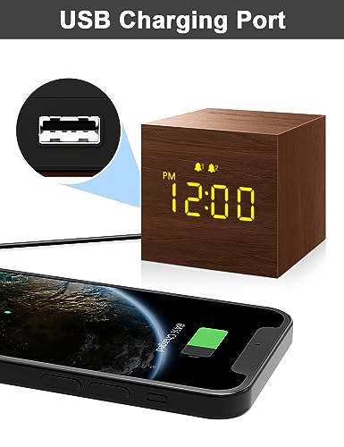 Digital Alarm Clock, with Wooden Electronic LED Time Display, 3 Alarm, 2.5-inch Cubic Small Mini Wood Made Electric Clocks for Bedroom, Bedside, Desk, Brown