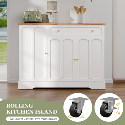 HLR Kitchen Island with Drop Leaf & Storage, Solid Rubber Wood Top Rolling Kitchen Cart with Carved Recessed Panel Doors, Large Mobile Island Table on Wheels for Kitchen, Dining Room (White) - color: White
