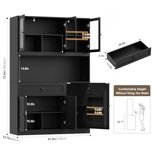 72” Tall Kitchen Pantry Storage Cabinet, Modern White Kitchen Hutch with Large Storage Drawer, Countertop, Adjustable Shelves, Food Pantry Cabinets for Dining Room, Living Room (Black) | Kitchen Hutch with Large Storage Drawer, Countertop, Adjustable Shel