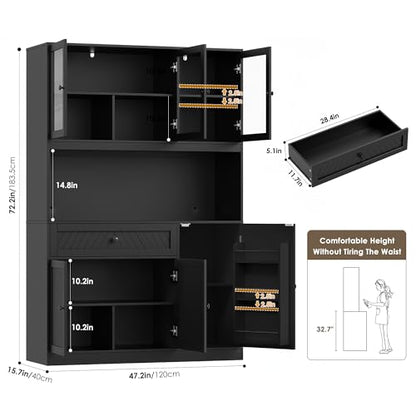 72” Tall Kitchen Pantry Storage Cabinet, Modern White Kitchen Hutch with Large Storage Drawer, Countertop, Adjustable Shelves, Food Pantry Cabinets for Dining Room, Living Room (Black) | Kitchen Hutch with Large Storage Drawer, Countertop, Adjustable Shel