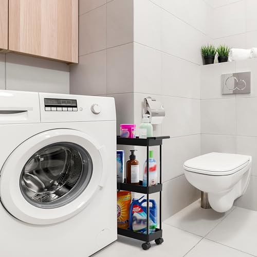 Simple Houseware 3-Tier Slim Rolling Cart w/Handle 5.5" Wx27.5 H, Black | Storage Cart for Narrow Space (5.5-Inch Wide) Kitchen, Bathroom, Laundry Room - color: Black