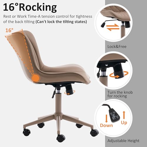 YOUTASTE All Khaki Office Chair, Modern Armless Desk Chair with Back, Adjustable Swivel Rolling Faux Leather Task Chair with Wheels Metal Base for Home Office, Study, or Vanity - color: All Khaki
