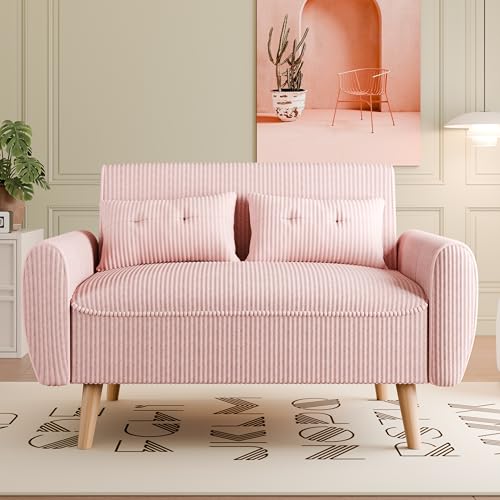 Vongrasig 47" Small Modern Loveseat Sofa, Mid Century Soft Corduroy Fabric 2-Seat Sofa Couch Tufted Love Seat with Back Cushions and Tapered Legs for Living Room, Bedroom and Small Space (Pink) - color: Pink