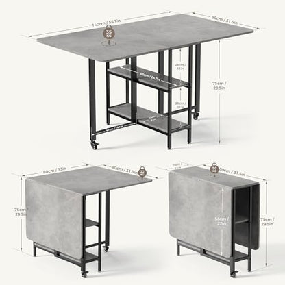 Mondeer Folding Dining Table, Drop Leaf Dining Table for Saving Space with Wheels and 2-Layer Storage Shelf, Modern Kitchen Table for Living Room, 55.1" W x 31.5" D x 29.5" H, Grey