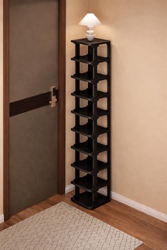 9-Tier Slim Shoe Rack, Stackable Vertical Shoe Organizer with Small Footprint, Sturdy PP Material, Space-Saving Shoe Storage for Entryway, Closet, Hallway, Apartment (Black)