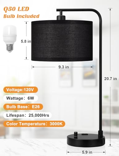 Innqoo Black Table Lamp for Bedroom with USB Port and Outlet, Dimmable Nightstand Bedside Lamps with Linen Lampshade, Desk Lamp for Home Office, Living Room, Guest Room, LED Bulb Included - color: G-Black Shade & Black Base