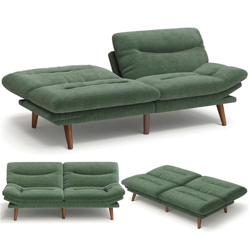 Amada 75 inch 3-in-1 Convertible Futon Sofa Bed, Green | Adjustable backrest and armrests, heavy-duty wood frame and solid wood legs, loveseat for compact apartments and offices - color: Green, size: 75 Inch