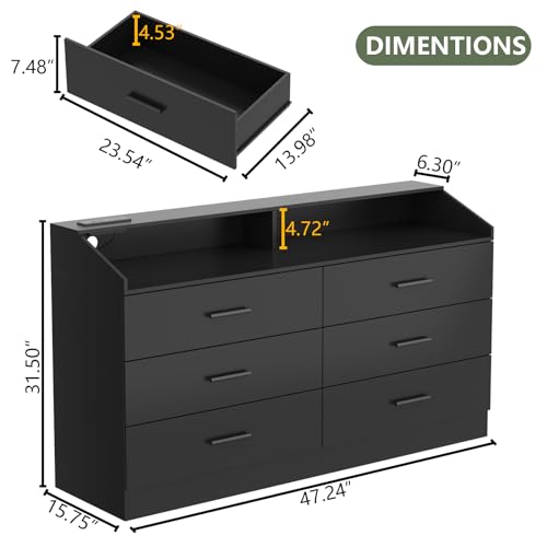6 Drawer Dresser for Bedroom with Charging Station, Dresser with LED Light | Chest of Drawers for Closet, Modern Dressers with Open Storage Cubby, Double Wide Dressers - color: Black-