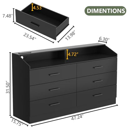 6 Drawer Dresser for Bedroom with Charging Station, Dresser with LED Light | Chest of Drawers for Closet, Modern Dressers with Open Storage Cubby, Double Wide Dressers - color: Black-