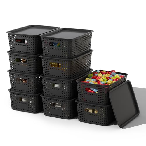 ORGIDOL Plastic Storage Basket with Lids 10 Pack Stackable Black Storage Bins Containers with Lid, Decorative Storage Boxes for Organizing Shelves, Drawers, Playroom, Classroom, Office, Closet - color: Black, size: 10 Pack
