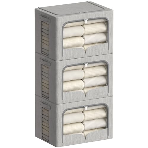 FHSQX 3 Pack Clothes Storage Bins - Foldable Metal Frame Storage Box - Stackable Linen Fabric Container Organizer Set with Carrying Handles and Clear Window (Light Gray, 15.7x11.8x9.8inch(30L)) - color: Light Gray, size: 15.7x11.8x9.8inch(30L)