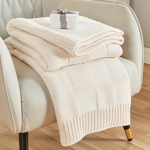 CozeCube Cream White Knitted Checkered Throw Blanket 50"X60" | Check Knit Throw for Couch, Decorative Christmas Soft Cozy Warm Blanket for Bed Sofa Living Room - color: Cream White, size: 50"X60"