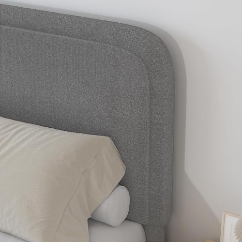 BarnFurin Twin Bed Frame, Cloud Boucle Headboard, Low Profile, Light Grey | Soft boucle and rounded edges create a low-profile cloud look. Wooden slats support the mattress without a box spring - color: Light Grey, size: Twin