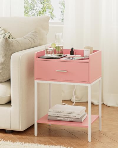 Masupu Nightstand with Charging Station,3-Tier Modern Bedside Night Stand with Storage Drawer and Shelf,Small End Side Table for Bedroom,Living Room,Pink and White - color: Outlet-pink