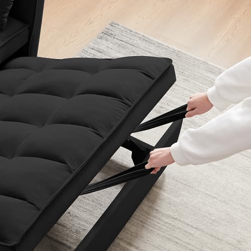 55" Pull Out Sleeper Sofa, Velvet Loveseat with Side Pockets, Black | Velvet upholstery, 5-level adjustable back, Pull-out bed design, Sturdy frame with side pockets - color: Black