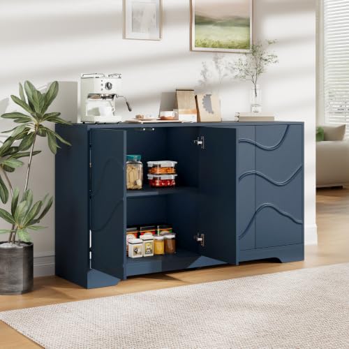 Godchoices 56" Sideboard Buffet Cabinet with Storage, Modern Accent Credenza with Wavy Doors & Adjustable Shelf, Console Cabinet for Kitchen,Living Room,Dining Room,Entryway,Hallway - color: 56" Blue