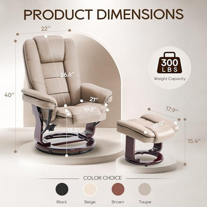 Swivel Recliner Chair with Ottoman Reclining Lounge Sofa Footrest, Set of 1 | 360°Sturdy Wood Base, Soft Faux Leather, Upholstered Ultra-Plush Foam, Modern Armchair, Living Room Bedroom Office Reading - color: Taupe, size: Set of 1