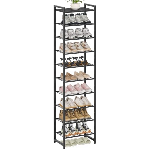 Narrow Shoe Rack 10-Tier, Tall Shoe Organizer for Small Spaces | Black, Holds Up to 22 Pairs, for Closets, Entryways, Garage, Dorm Rooms, Reinforced Wire Shelves, Wood Top - color: Black, size: 10 Tier