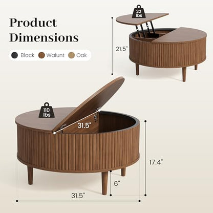 31.5" Round Coffee Table with Lifting Top, Storage for Living Room, Walnut | Fluted Center Table, Mid Century Modern Design for Home Office and Small Space with 4 Hidden Compartments - color: Walnut