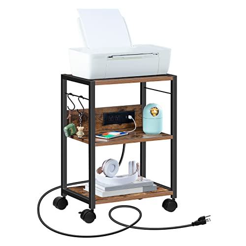 MAHANCRIS Industrial Printer Cart, 3-Tier Mobile Printer Stand, Rolling Cart with Power Outlets and USB Ports, Home Printer Stand with 2 Hooks, for Office, Living Room, Rustic Brown PTHR40E01Z - color: Rustic Brown