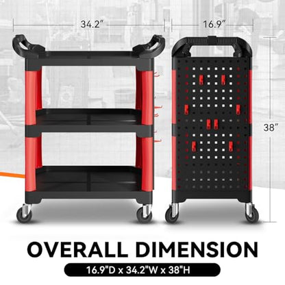 Auto Dynasty 3-Level Rolling Cart 120 kg/260 w/Pegboard, Garage, Black/Red | 3-Tier Rolling Utility Storage Cart, 260Lbs/120Kg Cap, Pegboard & Storage Tray, Steel Frame, for Garage/Warehouse/Workshop - style: with 1 side Pegboard