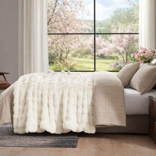 Faux Fur Throw Blanket, Ultra Soft Fuzzy Plush Bubble Blanket for Couch, Bed & Living Room, 60"x80", Cream White - color: Cream White, size: 60" x 80"