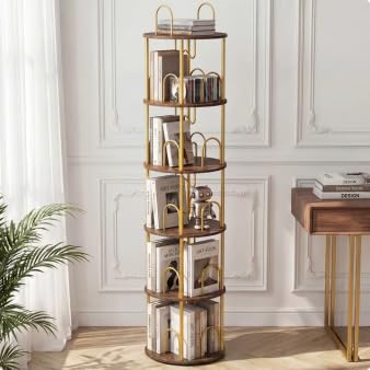 5 Tier Rotating Bookshelf, 360° Spinning Bookshelf Tower, Narrow Corner Book Shelf, Revolving Bookcase Corner Tall Book Shelf for Small Spaces, Bedroom, Living Room, Gold - color: Gold, size: 5 Tier, 67″H