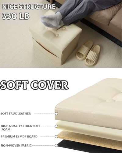 Ottoman with Storage,17 Inch Leather Folding Foot Rest Stool,Beige | Small Ottoman with Side Pockets, Thicker Foam Padded Seat, 17 * 13 * 13 Inch, Livingroom, Dorm, Bedroom, Entryway - color: Beige