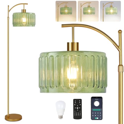 ILLMTW Glass Floor Lamp for Living Room,Bedroom,Gold Mid Century Modern Standing Lamp with Remote,Dimmable Brass Tall Lamp Vintage Retro Green Arc Flower Floor Light Boho Bohemian - size: Floor Lamp-21