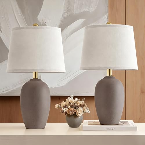 AIEAMPDO 21'' Set of 2 Farmhouse Ceramic Small Table Lamps for Living Room Bedroom, Nightstand Rustic Brown Desk Lamp for Bedside End Table Entryway, 2 LED Bulbs Included - color: Earth Gray Brown