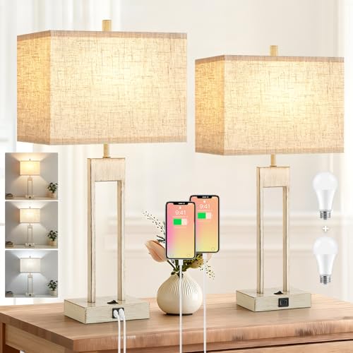 Extra Large 25.5" Nightstand Table Lamps for Bedrooms Set of 2, Bedside Lamp with USB C+A, Colors Changeable Living Room Lamp, Modern Night Stand Lamps for Bed Side Reading, Antique White - color: Antique White