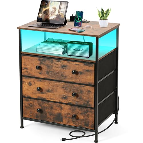 3-Drawer LED Nightstand with Charging Station, Rustic Brown | Engineered Wood and Steel, 2 AC and 2 USB ports, 24 Inch Wide, RGB App Control, Fabric Drawers, Open Storage Shelf - color: Rustic Brown