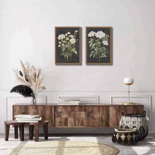 2Pcs framed Vintage White Floral Botanical Wall Art Set of Framed Canvas Prints Pictures withWooden Frame Farmhouse Wall Decor for Living Room Bedroom Can be hung directly12x16in - color: black, size: 12x16in