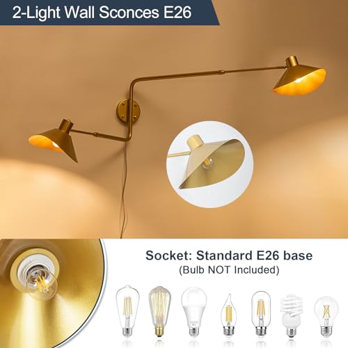 Gold 2-Light Plug in Wall Sconce, Big Adjustable Swing Arms Wall Light Fixture for Living Room Bedroom Bedside Wall Light Adjustable Swivel Arms Extendable Length 22” to 58” - color: A-Gold