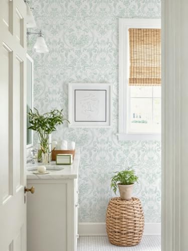 Ismoon Peel and Stick Wallpaper Green Contact Paper 17.3in x 32.8ft Vintage Floral Wallpaper Boho Damask Removable Textured Wall Paper for Bedroom Bathroom Shelf Cabinet Décor - color: Green and White, size: 17.3" x 393"