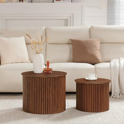 Small Fluted Round Nesting Coffee Table Set of 2, Mid Century Modern Coffee Table Circle Side Table, Wood Nesting Table Farmhouse End Tables Set for Living Room, Bedroom, Small Spaces(Walnut - color: Walnut, size: Small