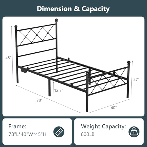 VINGLI Twin Bed Frame with Headboard and Footboard, Metal Bed Frame with Extra High Footboard, Heavy Duty Platform Bed with LED Lights & Charging Station, Under Bed Storage, No Box Spring Needed,Black - color: Black, size: Twin