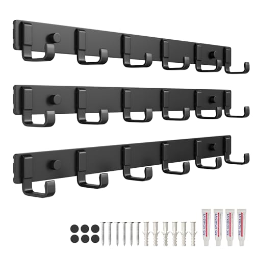 16" Heavy Duty Wall Mount Coat Rack with 6 Hooks, 3-Pack (Black) | Strong Glue or Screw Mount, Coat Hanger for Hanging Coats, Hats, Jackets and Bags in Entryway, Bedroom, Bathroom or Closet - color: Black - 3 Pack