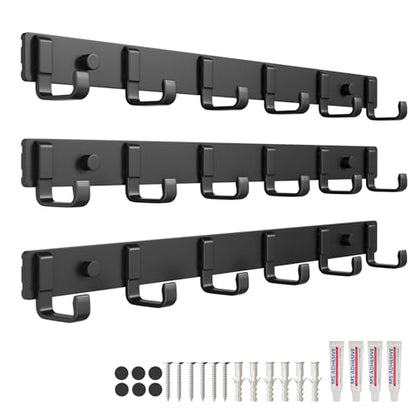 16" Heavy Duty Wall Mount Coat Rack with 6 Hooks, 3-Pack (Black) | Strong Glue or Screw Mount, Coat Hanger for Hanging Coats, Hats, Jackets and Bags in Entryway, Bedroom, Bathroom or Closet - color: Black - 3 Pack