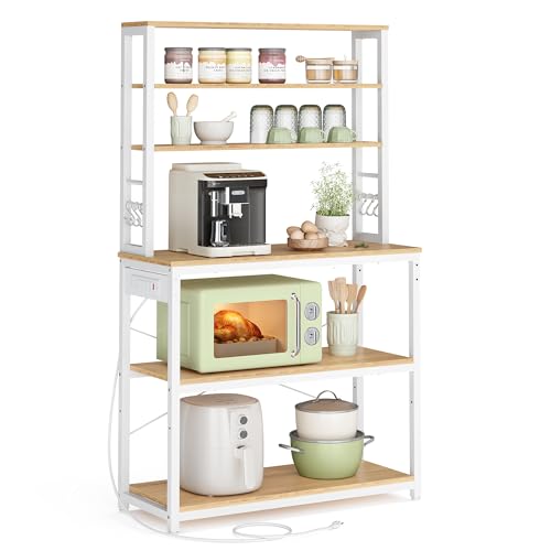 VASAGLE Bakers Rack with Power Outlet, 31.5 Inches Coffee Bar for Kitchen with Storage, 6-Tier Kitchen Shelves with 6 Hooks, Microwave Stand, Modern, Golden Oak and Cloud White UKKS119Y01 - color: Golden Oak + Cloud White, size: 31.5"W, style: With Power