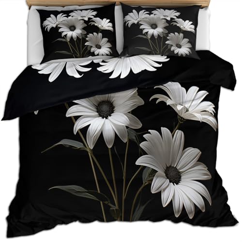 White Daisy Bedding Set, Black Comforter Set Twin, Floral Duvet Cover, 2 Pillowcases, Zipper Closure, Reversible Print Quilts & Bedroom Decor, 68"x86" - color: Black, size: Twin